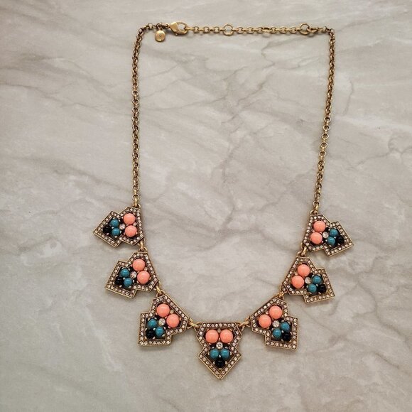 ✨ J.Crew Pave Rhinestone Crystal Blue Gold Coral Bohemian Necklace ✨ - Picture 1 of 16